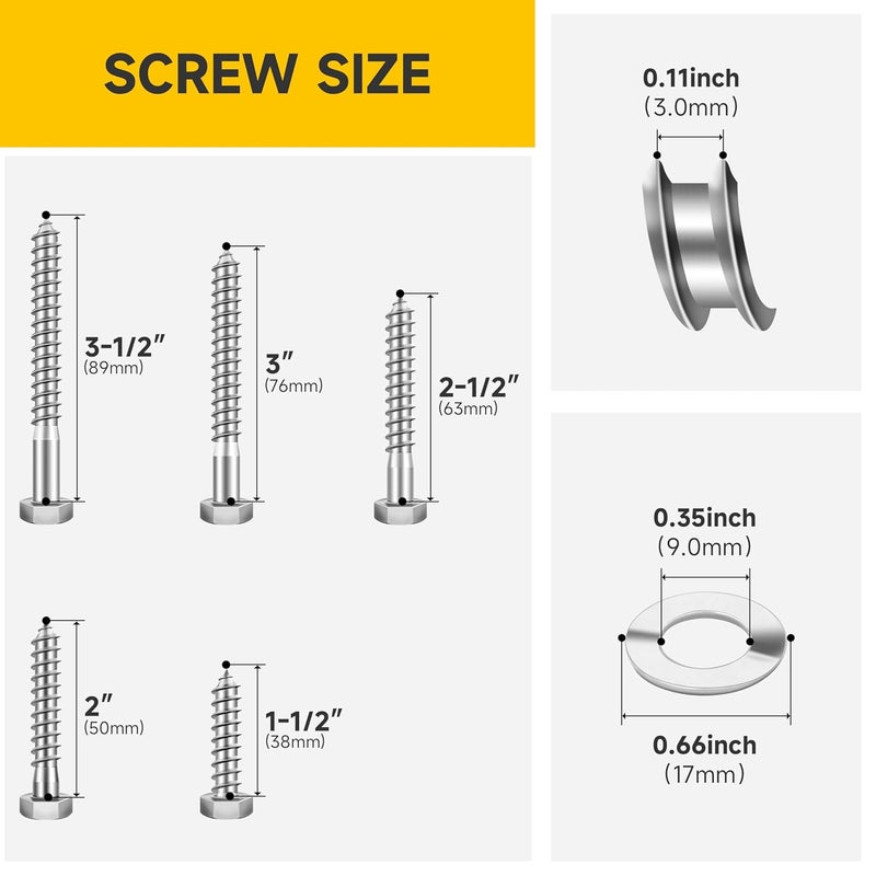 MYWISH 3/8 Hex Head Lag Screws Assortment Kit, 46Pcs Heavy Duty Lag Bolts with Washers, 304 Stainless Steel Bolts 18-8 5-Size Wood Screws for Outdoor, Bright Finish 3/8 Bolt - Image 2